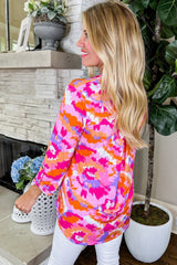 Blouse rose à imprimé abstrait et manches à patte et col cranté-A WOMAN WE LOVE