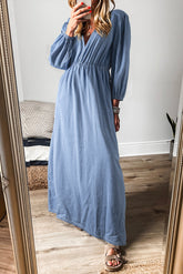 Myosotis - Long chambray dress with deep V-neck and bracelet sleeves