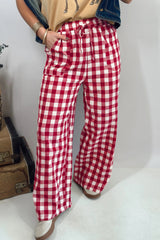 Pantalon ample en coton à carreaux vichy, taille élastiquée et lien