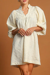 White textured floral dress, bubble sleeves, ruffles, notched collar