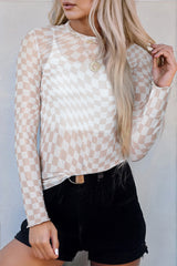 High khaki with long sleeves and climbed collar in checkered pattern mesh