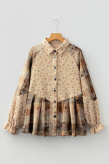 Veste-chemise beige à patchwork floral et manches volantées