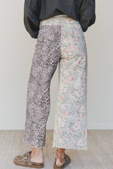 Jean large multicolore à patchwork floral et léopard, bords bruts
