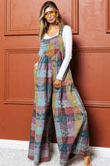 Multi-colored brushed plaid wide-leg overalls