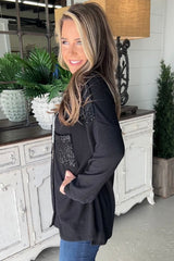 Black wired jacket with patch pocket patch and sequins