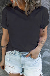 Black T-shirt with rolled up sleeves and round neck, plus size