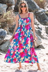 Robe longue évasée sans manches à taille haute à fleurs bleu foncé