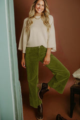 Pantalon large taille haute en velours côtelé de couleur unie vert