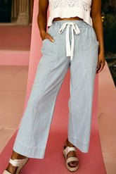 Jean à cordon de taille moyenne à rayures bleu ciel