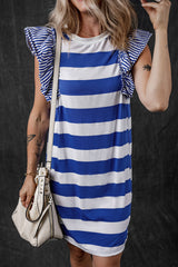 Contrasting ruffled sleeve T-shirt dress in sky blue stripes