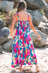 Robe longue évasée sans manches à taille haute à fleurs bleu foncé