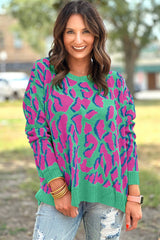 Green baggy sweater with abstract print and ribbed trim