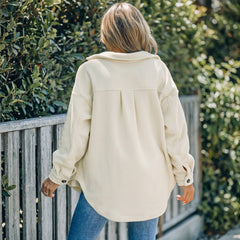 Beige button-down shirt jacket with turn-down collar