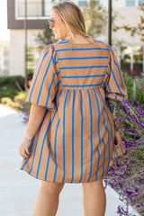 Babydoll khaki dress with contrasting stripes and 3/4 sleeve printed, large size