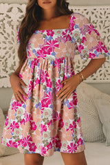 Vestido de babydoll de verano de flores, cuello cuadrado, mangas hinchadas, rosa