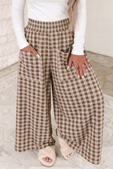 Pantalon large à carreaux, taille haute élastiquée et poches plaquées
