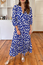 Long blue dress with abstract geometric print western