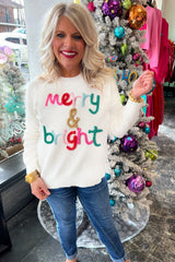 White relaxed sweater Merry & Bright with round neck