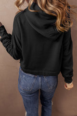 Short black hooded plain with drooping shoulders *