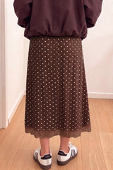 Jupe longue à pois et bordure en dentelle, marron ou beige