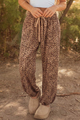 Pantalon sarouel beige foncé léopard à cordon et poches plaquées