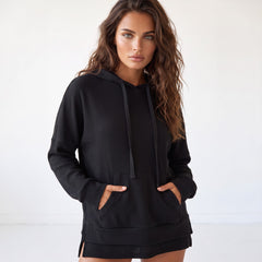 Sweat à capuche noir oversize en maille gaufrée, doublé polaire