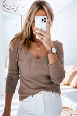 Khaki V-neck top with chest patch pocket in ribbed knit