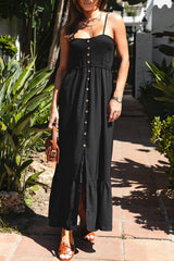 Black buttoned dress with thin and smocked suspenders on the front