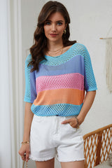 High-sleeved sleeve row knitted with sky blue eyelets