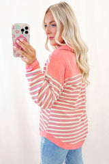 Pink striped high button and v * collar