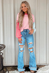 Top de manga larga y hombros caídos en cuentas de bloque de parche con cordón rosa