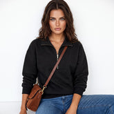 Sweat-shirt noir à col demi-fermeture éclair texturé uni