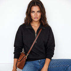 Sweat-shirt noir à col demi-fermeture éclair texturé uni