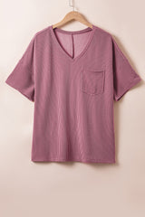Rose - Textured V-Neck Drop Shoulder T-Shirt