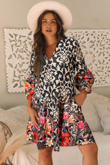 Vestido de trapecio negro retro con estampado floral mixto y cuello dividido *