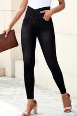 Black stretch jeggings with arched waist, slim fit