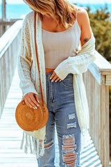 Cardigan en maille torsadée ajourée à glands beige-A WOMAN WE LOVE