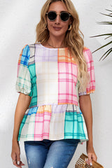 High multicolored peplum daring tiles and puffy sleeve colored blocks