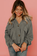 Teal Blue Boxy Fit Pinstriped Cropped Jacket with Flap Pockets