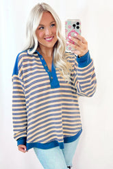 Blue striped high button and v * collar