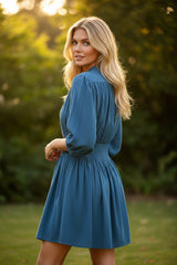 Mini-robe boutonnée taille haute froncée à manches 3/4 bleu de Prusse