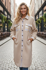 Long sherpa coat with patchwork collar and smoke gray checks