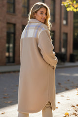 Long sherpa coat with patchwork collar and smoke gray checks