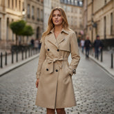 Abrigo de viento de color caqui pálido, color liso, cuello inverso, atado en la cintura