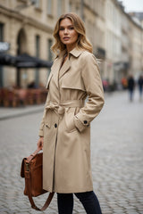 Pale khaki windbreaker coat, solid color, lapel collar, waist tie