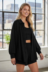 Ensemble lounge noir 3 pièces : débardeur court, short et cardigan