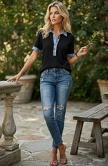 Haut polo à col boutonné en denim noir à maille gaufrée