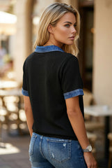 Haut polo à col boutonné en denim noir à maille gaufrée