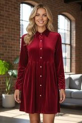 Bright Red Long Sleeve Ruffle Velvet Buttoned Dress