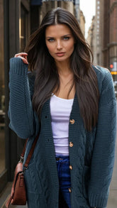 Cardigan baggy bleu paon en tricot torsadé *